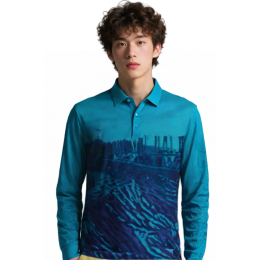 【Buy blue full-print long-sleeved polo shirt】|gradient blue background|lapel three-button design|long sleeves|full-print design on the front and sleeves|Environmental cleaning specialist|Air quality specialist|Printed polo supplier P1845 【Buy blue full-print long-sleeved polo shirt】|gradient blue background|lapel three-button design|long sleeves|full-print design on the front and sleeves|Environmental cleaning specialist|Air quality specialist|Printed polo supplier P1845